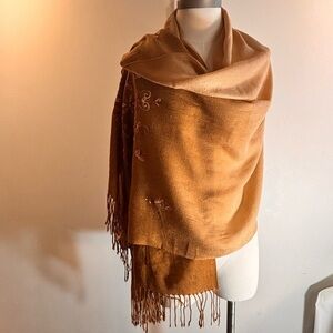 PASHMINA Elegant Tan and Brown Ombre Shawl Scarf 70% Cashmere 30% Silk Fringed